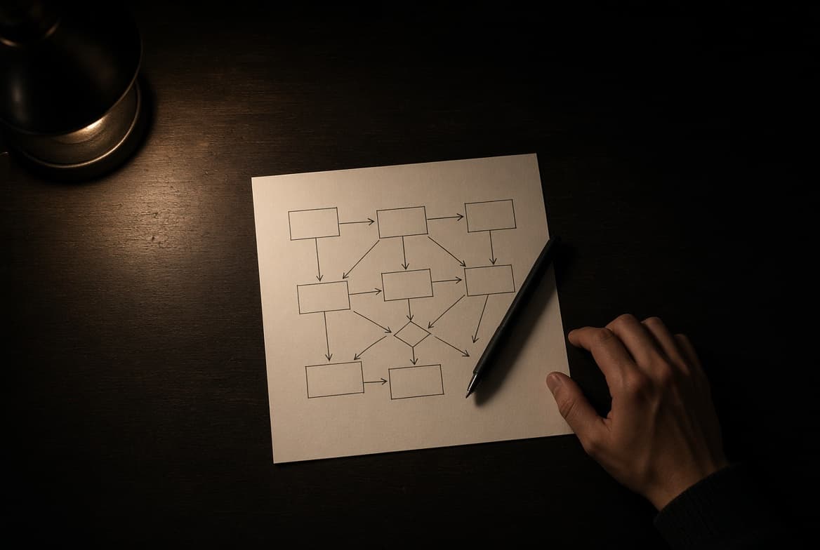 A hand-drawn system diagram on a desk, a pen laid across it