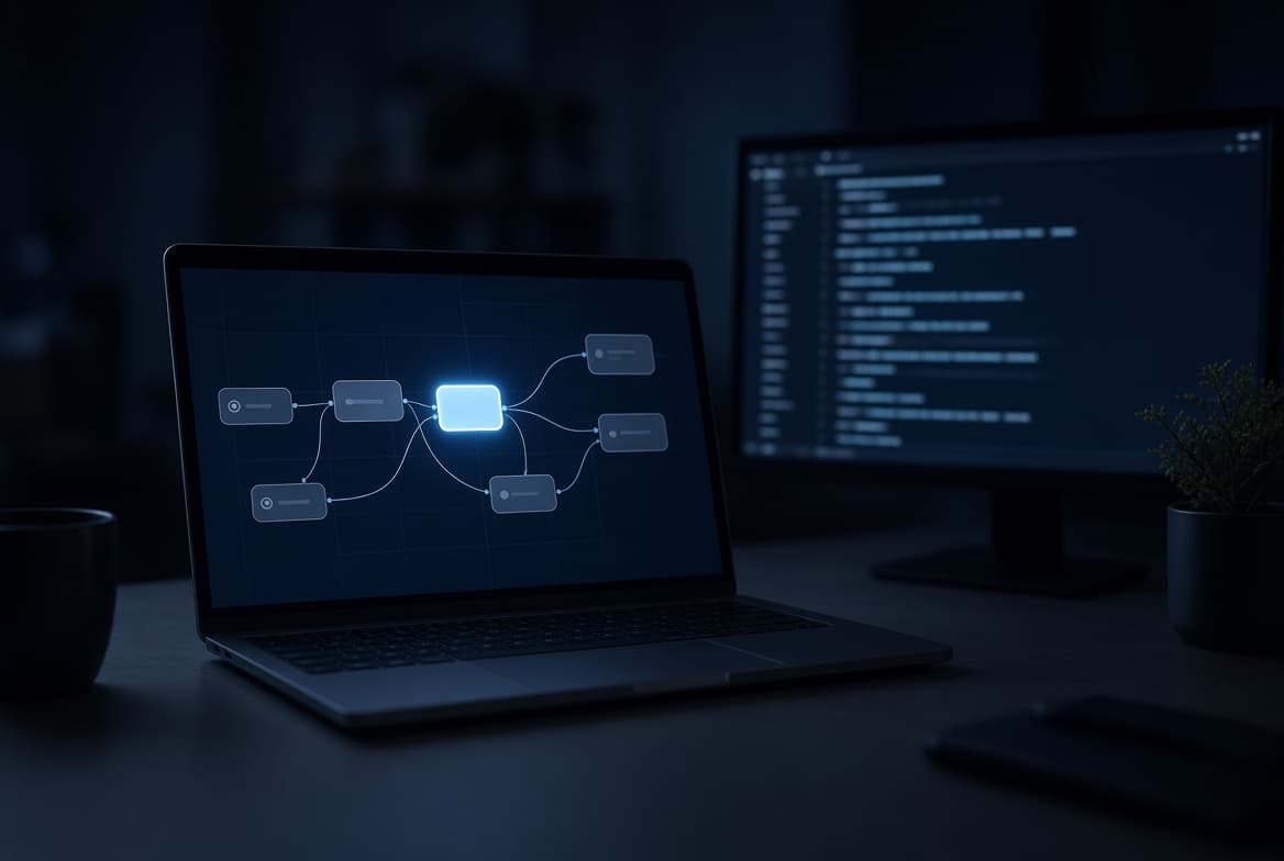 An automation workflow on a laptop, one step lit as it runs