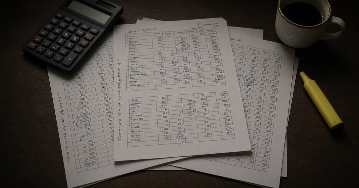 Printed spreadsheets marked up in pen beside a calculator and a coffee
