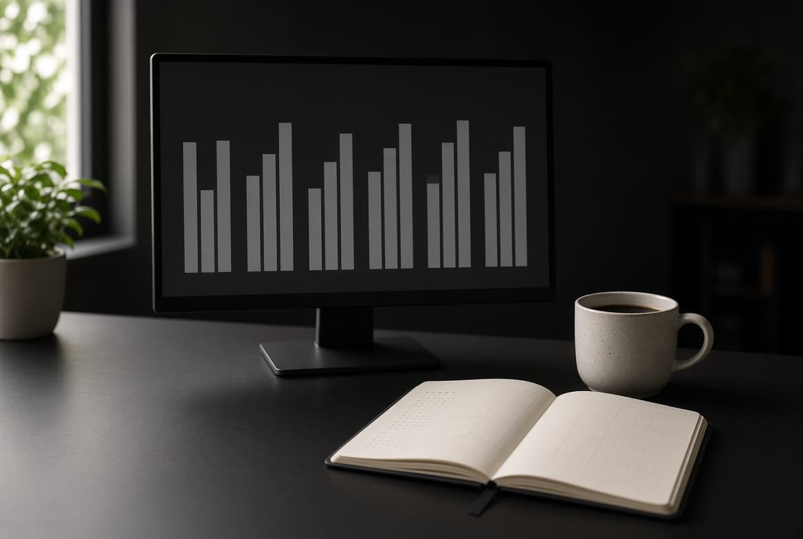 A weekly report on a monitor beside a coffee and an open planner