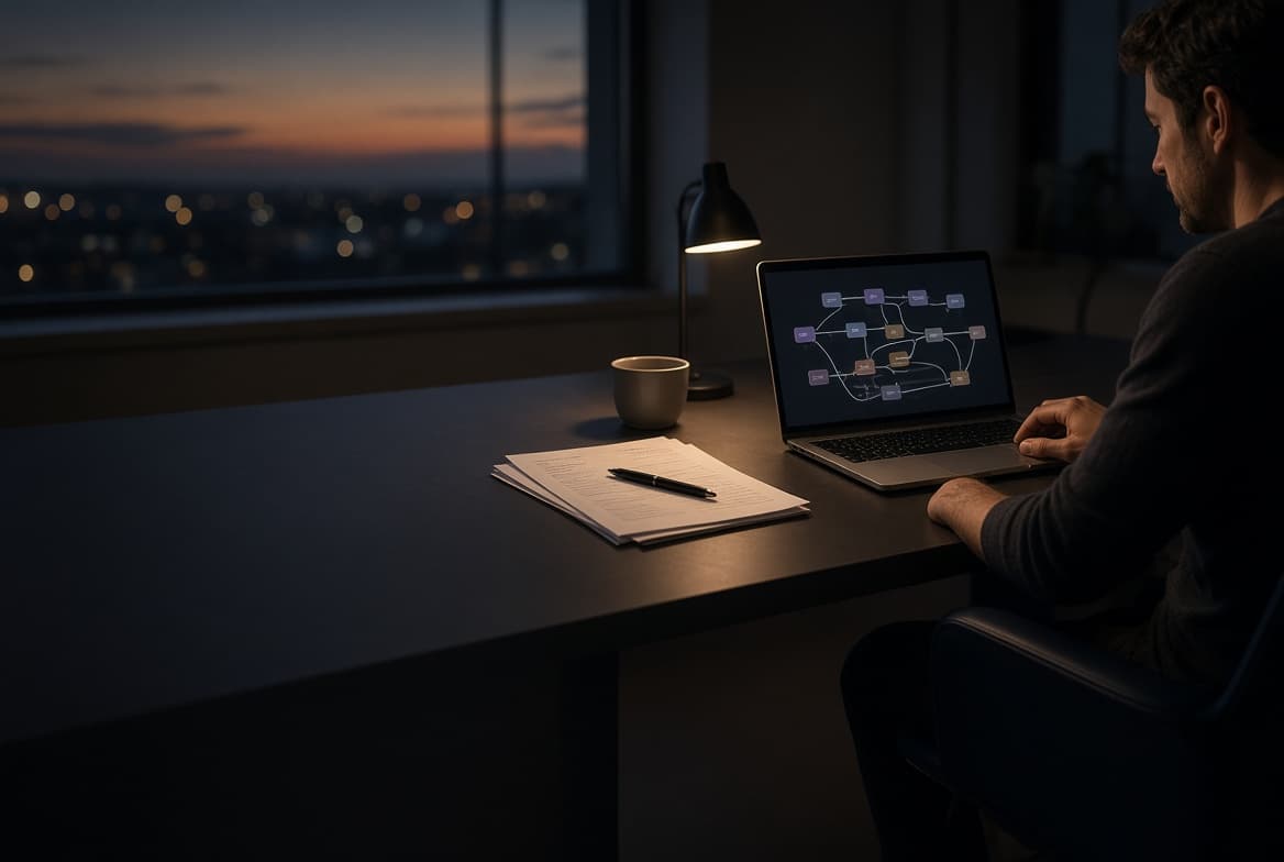 An automation workflow on a laptop at a desk after dark