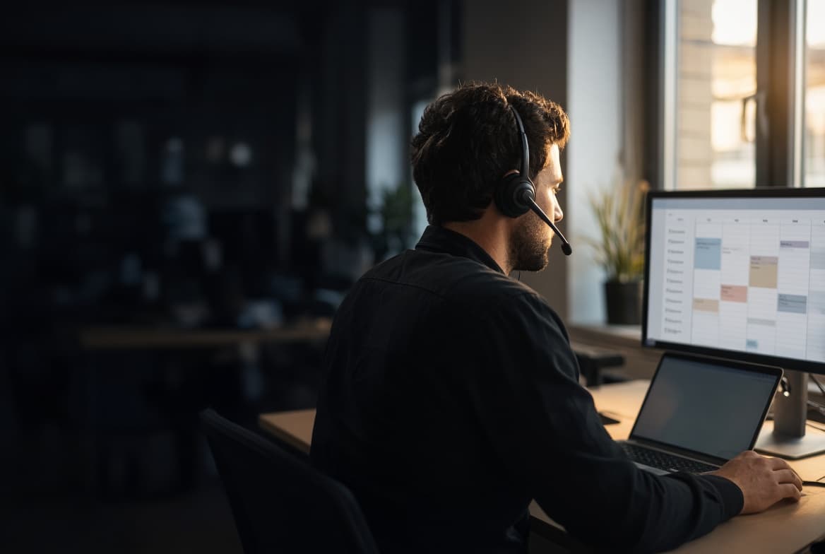 A sales rep on a headset call beside a calendar of booked meetings