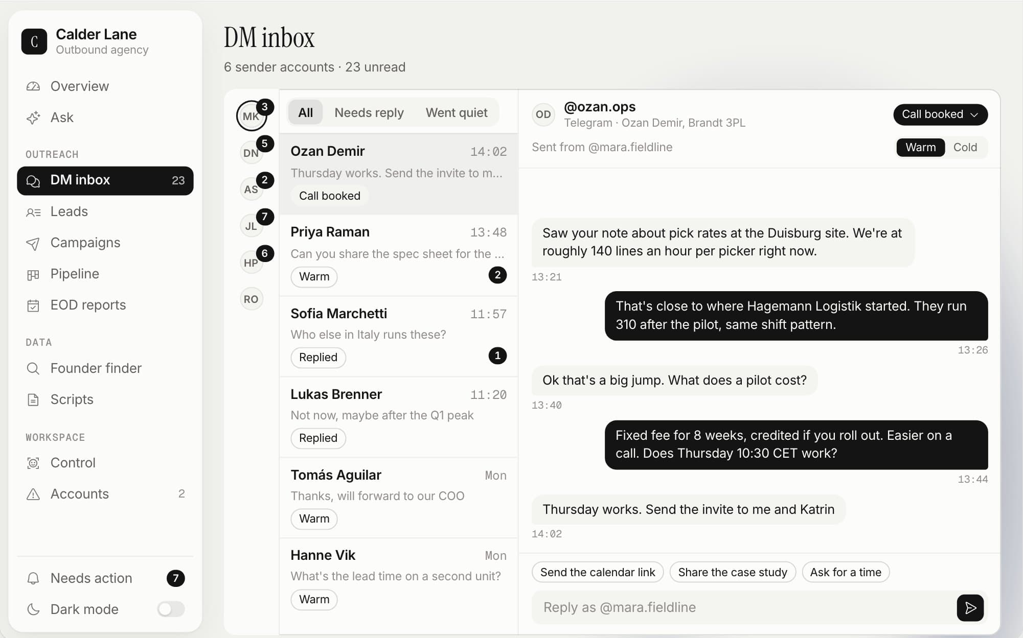 Keystone OS DM inbox: sender accounts in a rail, their threads, and an open conversation with a booked call.