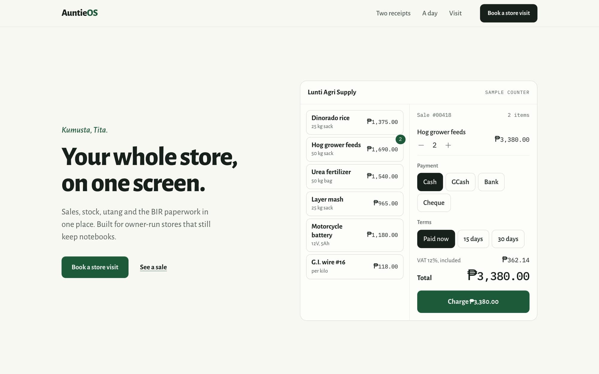 The AuntieOS landing page on desktop and phone, with a live point-of-sale panel in the hero.