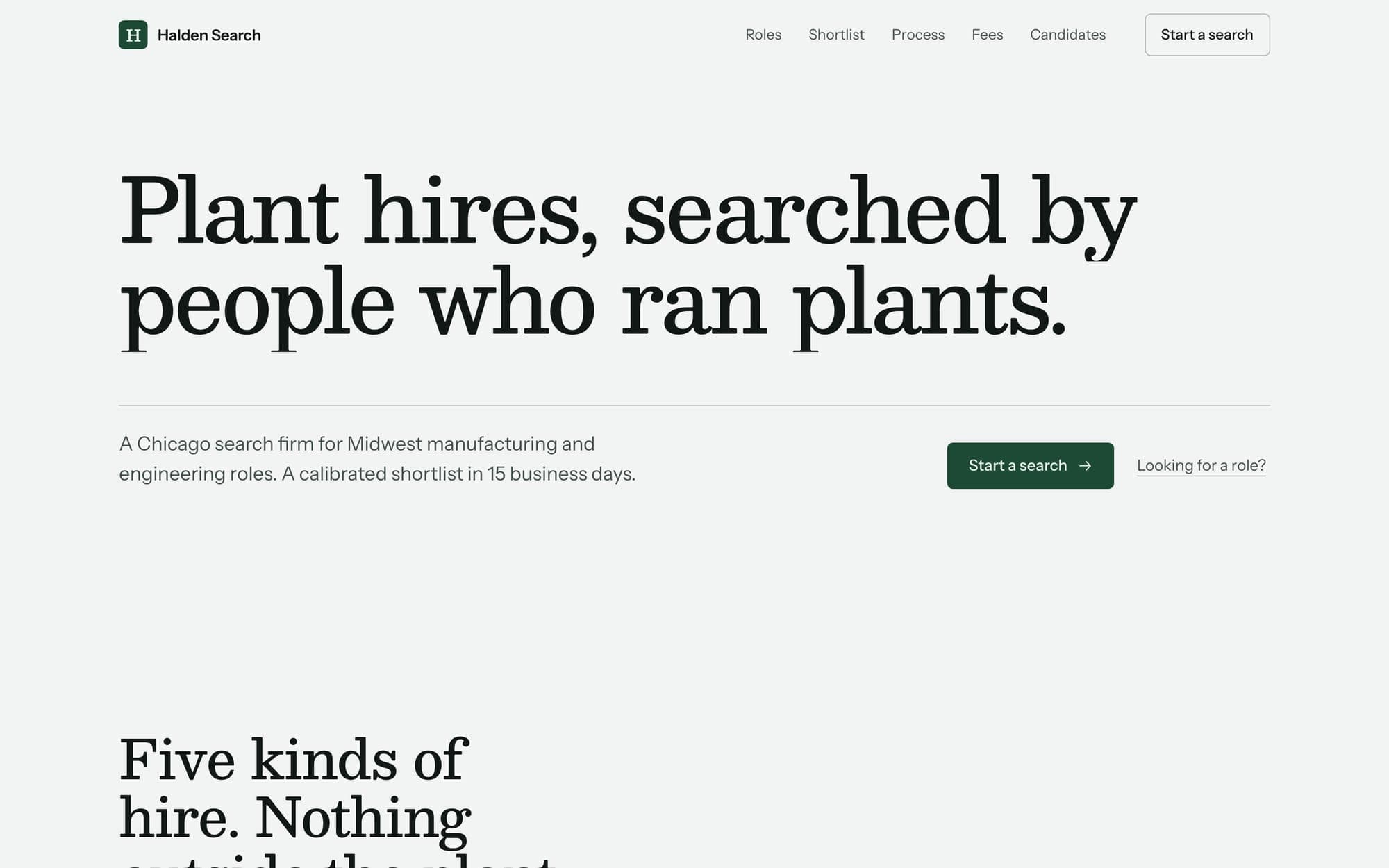 The Halden Search landing page on desktop and phone, with a large serif headline.