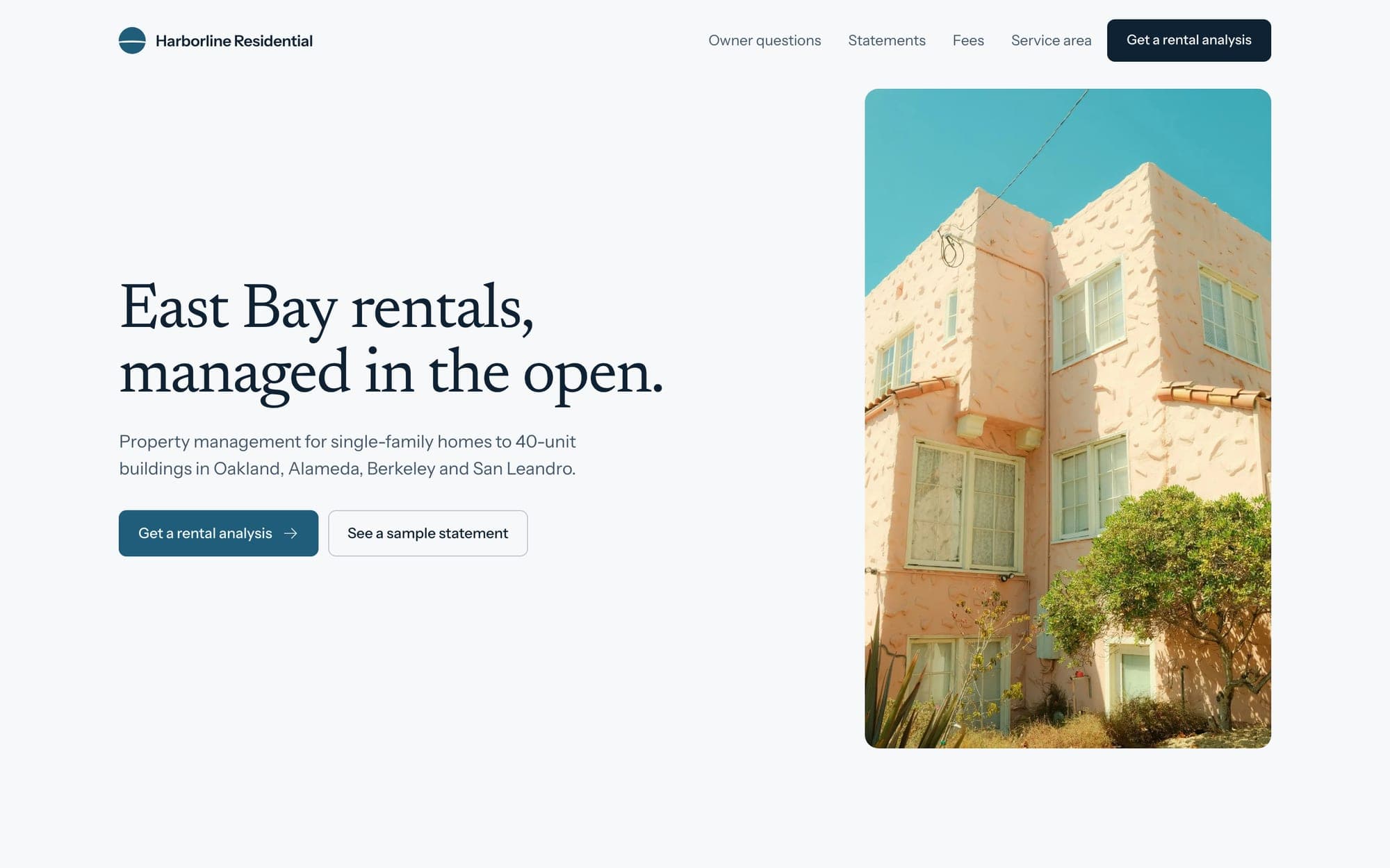 The Harborline Residential landing page on desktop and phone, with a building photo and a sample owner statement.