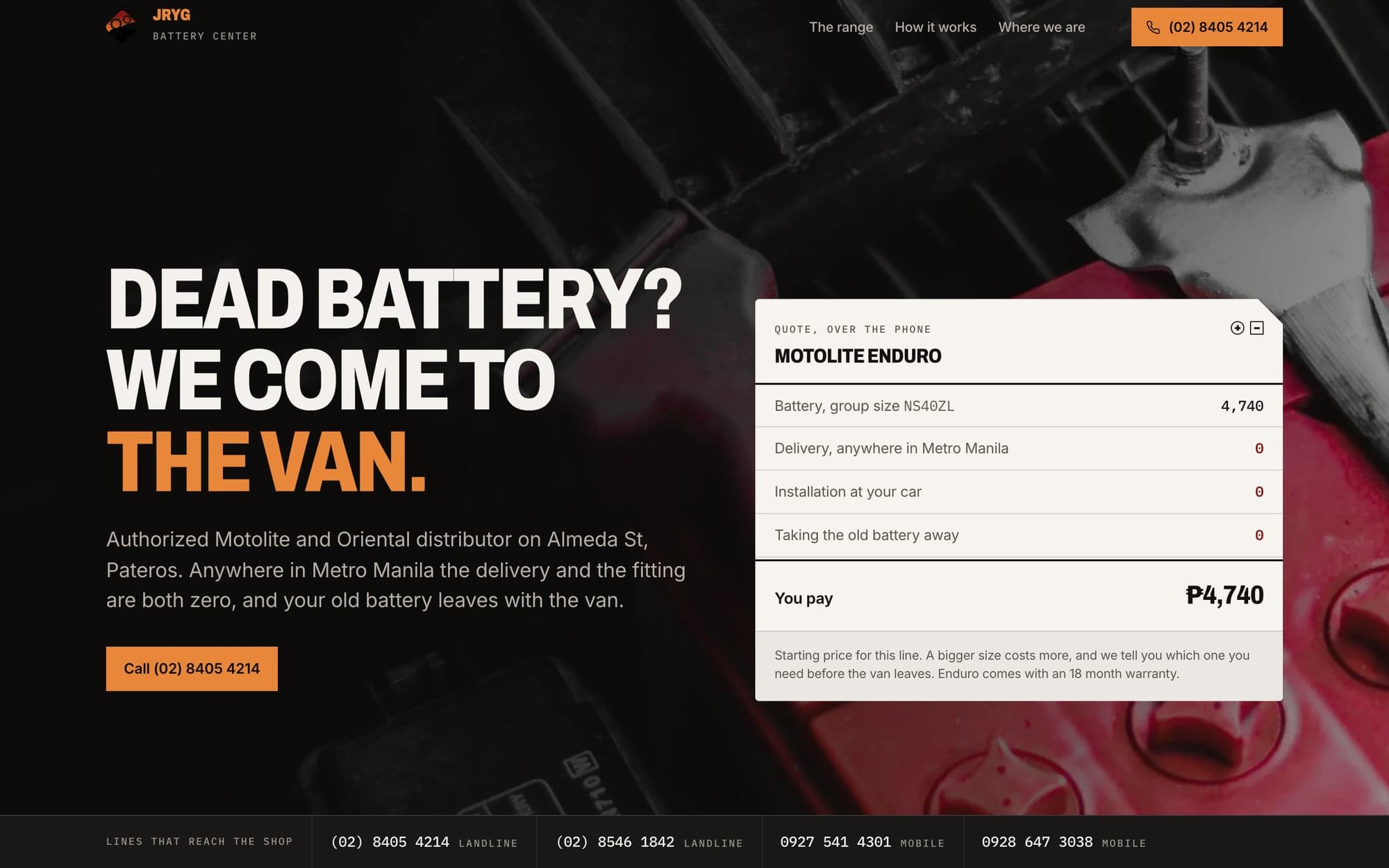 The JRYG Battery Center landing page on desktop and phone, with a printed battery quote over a dark hero photo.
