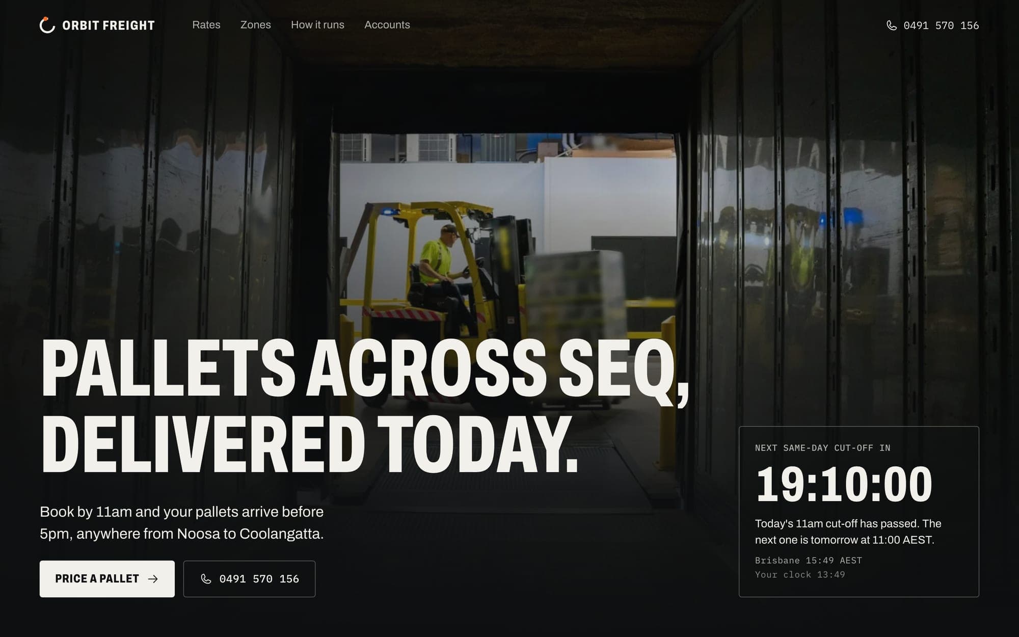 The Orbit Freight landing page on desktop and phone, with a dark warehouse hero and a pallet price form.