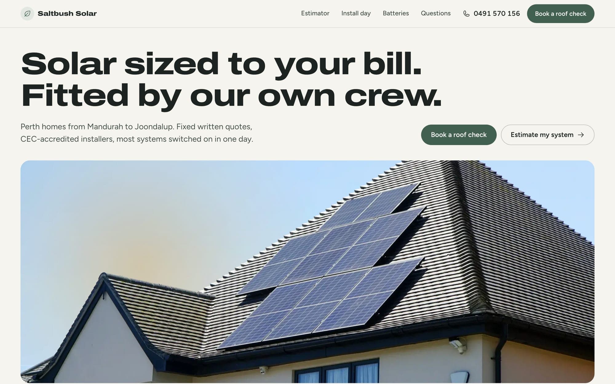 The Saltbush Solar landing page on desktop and phone, with rooftop panels and a bill estimator.