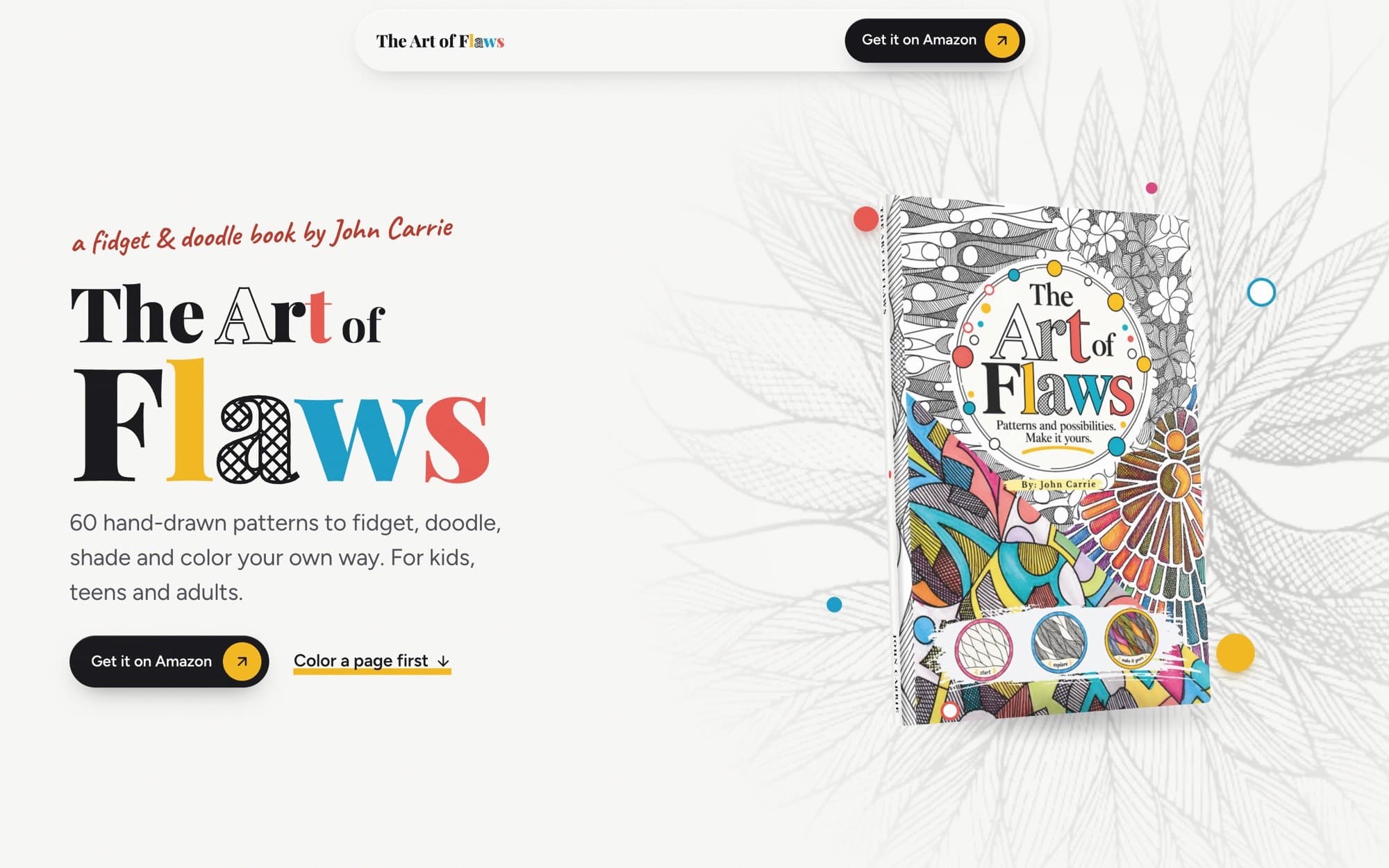 The Art of Flaws book site on desktop and phone, with the title in the cover's hand-drawn lettering beside a 3D copy of the book.